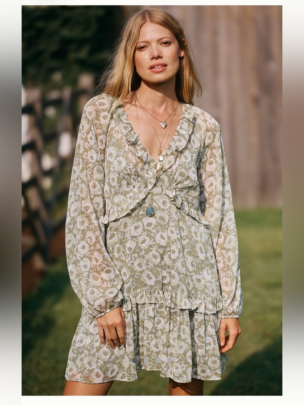 Anthropologie Sage Green Floral Ruffle Mini Dress